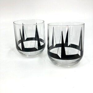 Vintage Atomic MCM Art Deco Clear Black Geometric Rocks Glasses Bar Ware Hipster